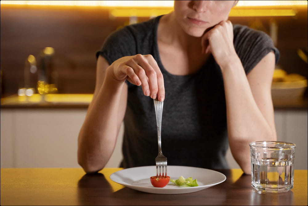 mujer con expresión de disgusto practicando una dieta milagro